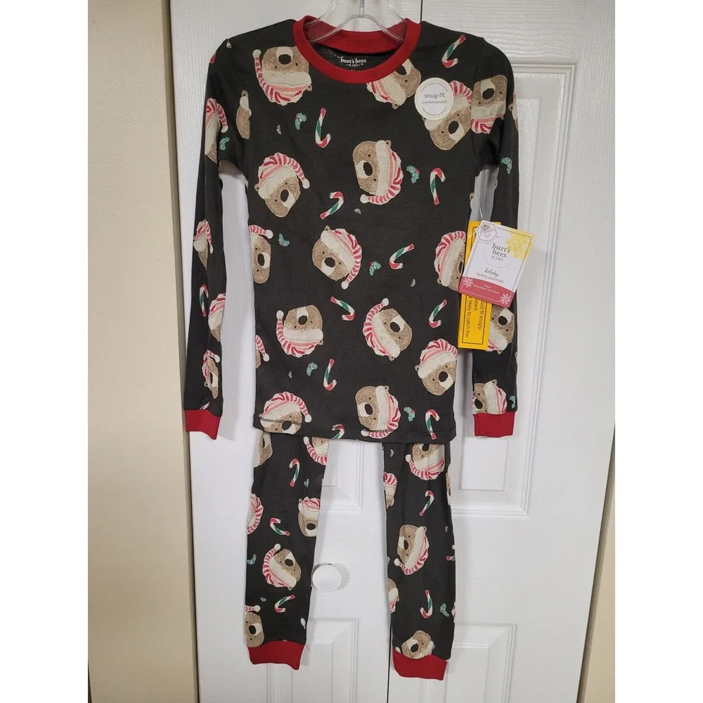 Burt's Bees Kids Holiday Pajamas Organic Cotton Bear Candy Cane 2pc Set 8Y NEW
